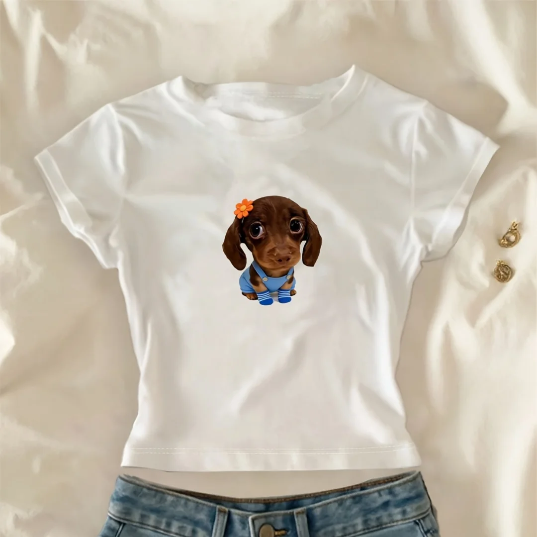 Women's Summer T‑shirt Crew Neck Short Sleeve Cute Puppy Cartoon Graphic Print Y2K Simple Fun Sweet Daily Casual Tops
