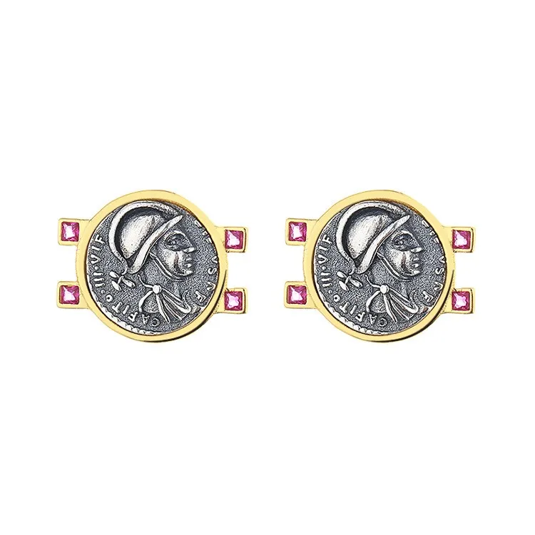 MES-2  ZFSILVER S925 Silver Fashion High Quality Roman God War Marstel Gold Retro Ancient Coins Earrings Jewelry Women Match-all