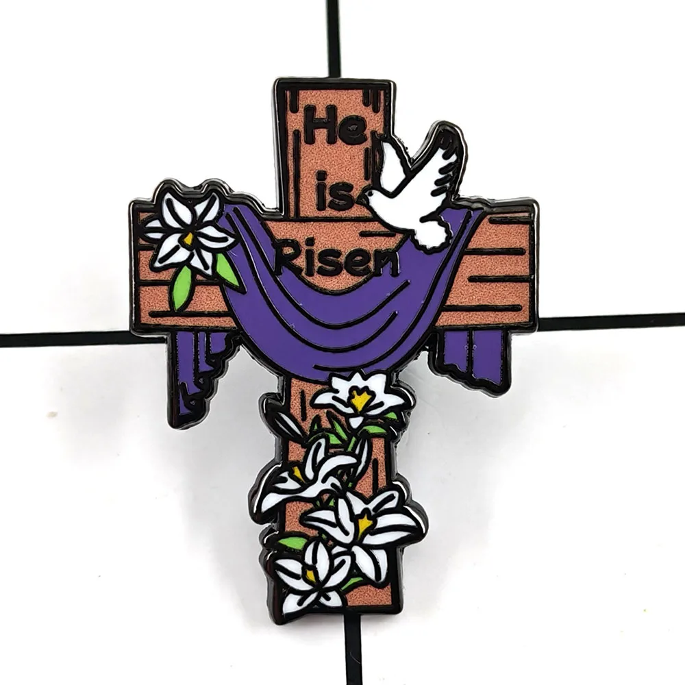 He Is Risen Brooch Christian Easter Cross Badge Purple Cloth Lily White Dove Enamel Pin Religious Themes Believer Bag Decoration