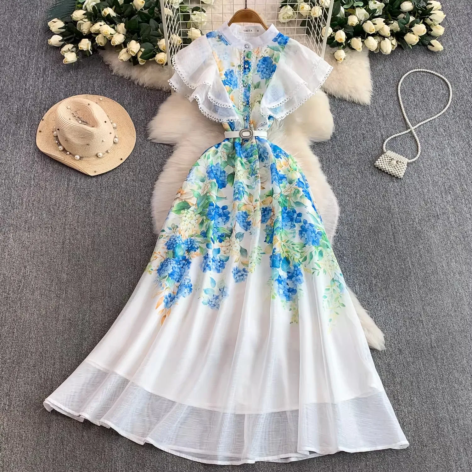 

Elegant Summer Holiday Party Dress Women's High Waist Print Maxi Robes Stand Neck Flying Sleeve A-Line Long Vestidos