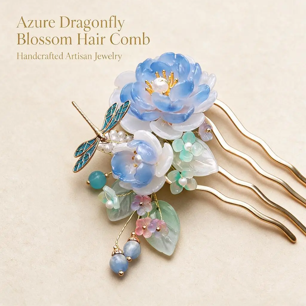 Chinese Traditional Hanfu Hair Comb Blue Gradient Floral Enamel Dragonfly Beaded Dangle Hair Pin For Women Girls Cosplay Events