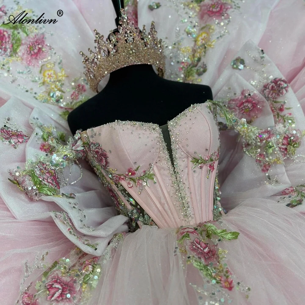 

Alonlivn платья Quinceanera на заказ с цветочным принтом и хрустальными бусинами, вечерние платья с открытыми плечами и иллюзией с длинными рукавами