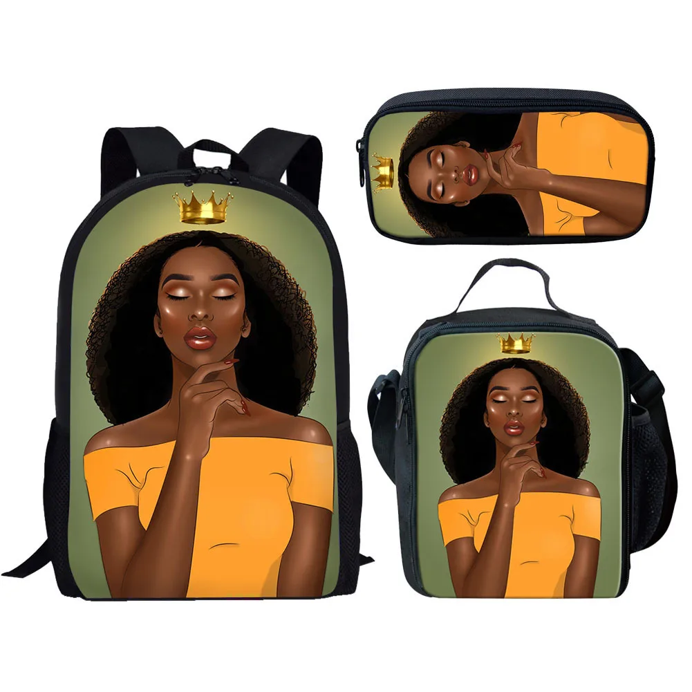 3 buah gadis Afrika cantik cetak 3D tas sekolah Set ransel kasual pelajar tas buku kampus tas makan siang tas pensil