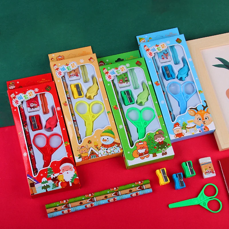 6Pcs/set Christmas Stationery Set Pencils Sharpener Erasers Children Writing Drawing Pencil Gifts School Stationeries Supplies