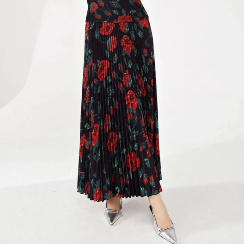 HKSH الخريف جديد المرأة العصرية تنورة زهرة مطبوعة مطوي ألف خط التنانير طويلة الأكمام نصف الياقة المدورة أنيقة شيك تي شيرت HK10603