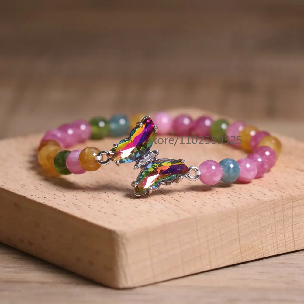 Natural  Rainbow tourmaline Agate Beaded Bracelet Adjustable Butterfly Charm Bracelet Women Boho Chic Stackable Jewelry Gift