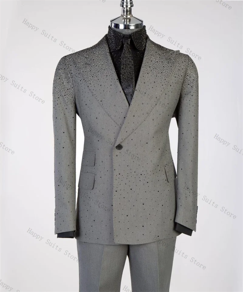 

Crystals Grey Men Suit Set 2 Pieces Luxury Blazer+Pants Trousers Formal Office Business Groom Wedding Tuxedo Customized Jacket