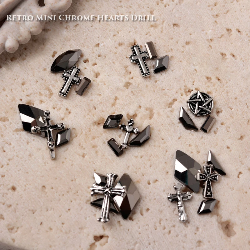 50pcs/Pack Nail Designs Charms Mini Cross Luxury Parts Wholesale Old Silver Heart 3d Charms For Cross Nails Punk Decoration Gems