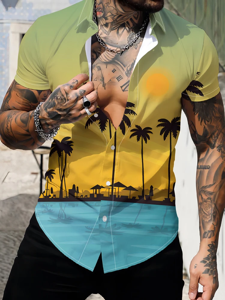 

Summer Coconut Tree Beach Sunset 3D Printed Pattern Fashion Buttons Shirt Hawaii Style Vacation Casual Men's Short Sleeved Shirt