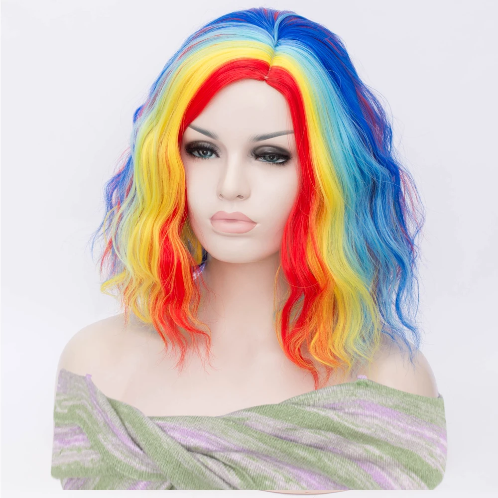 Lady Synthetic Short Curly Wave Rainbow Bob Wigs For Women Daily Cosplay Party Heat Resistant Fake Hair