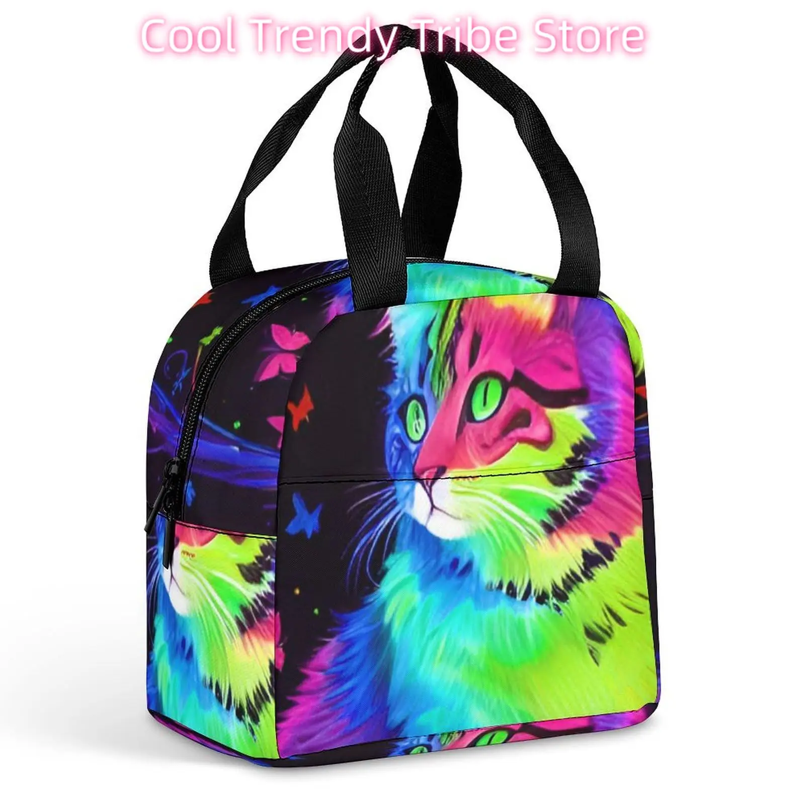Men & Women Neon Cat Butterfly Art Lunch Bag Drinks Holder for Office Work, Multi-Purpose Polyester Carry Case Container