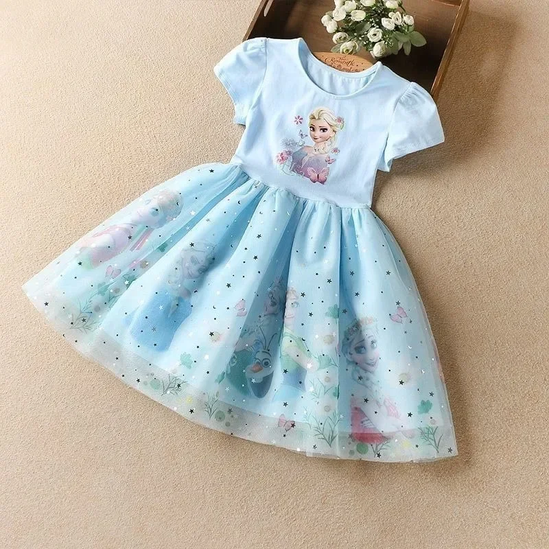 

2024 Summer Frozen Fashion Children's Elsa Princess Girls Dress Cartoon Baby Girl Toddler Short Sleeve Cute Party Dresses 3-9Y