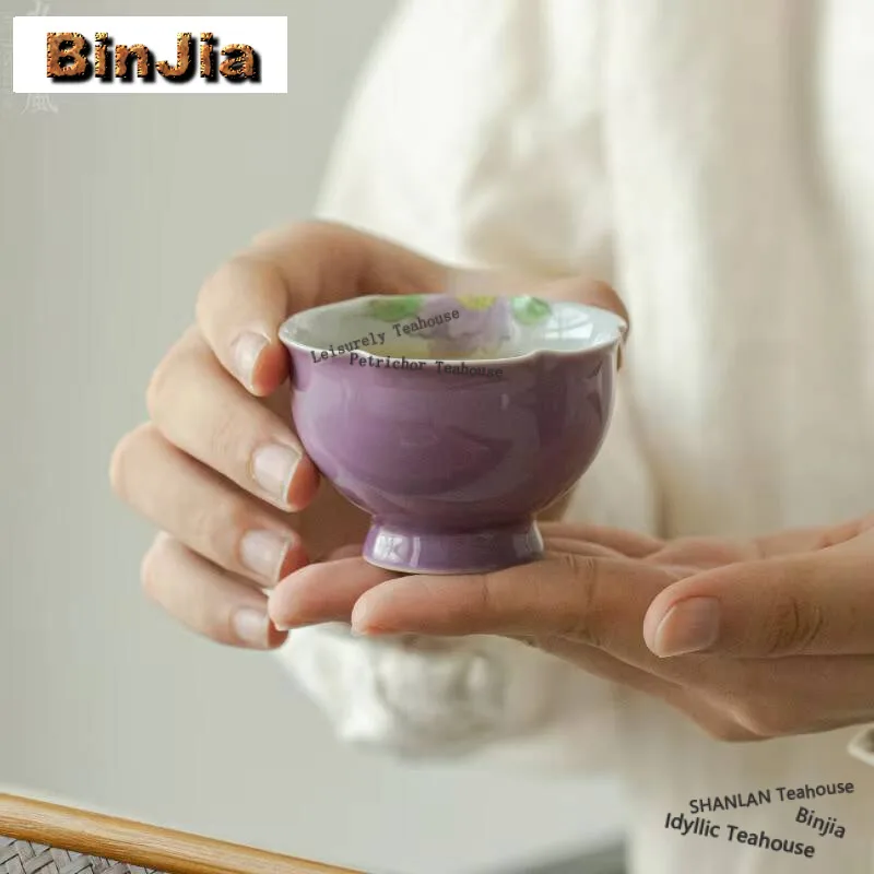 

Hand-painted Purple Peony Teacup Handmade Flower Petal Master Cup Beautiful Tea Pair Personal Chazhan Tea Bowl Drinkware Gift