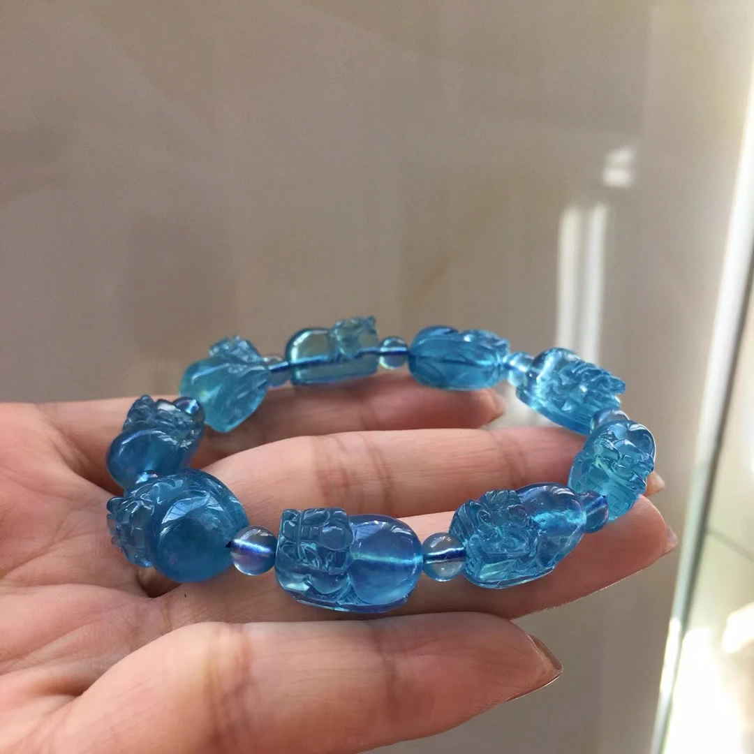 Natural Blue Aquamarine Quartz Pi Xiu Clear Beads Bracelet 14x11mm Carved Gemstone Wealthy Stone For Women Men AAAAAAA