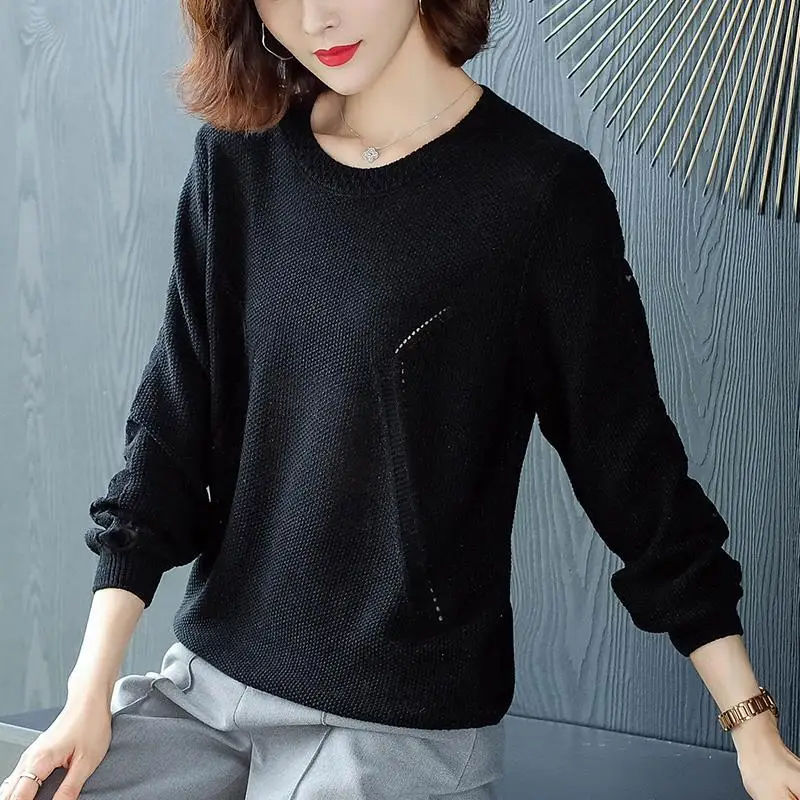 Women Trendy Hollow Lace Patchwork Elegant Knitwear Korean Solid O Neck Loose Pullover Tops Casual Long Sleeve All Match Sweater