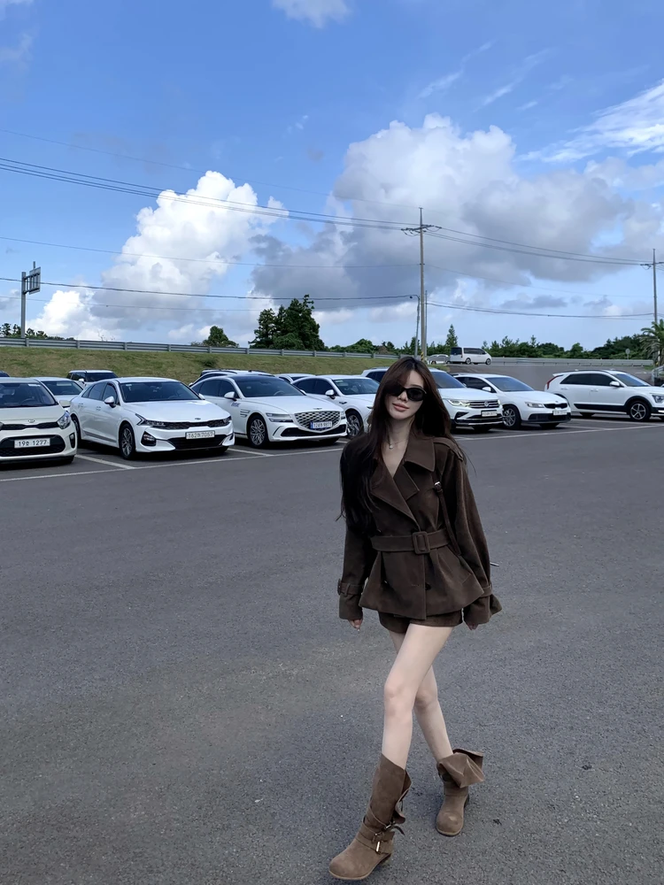 

Parisian Chic Suede ort Jaet Women's Double-Breasted Flip-Collar Loose Fit Autumn Outerwear Lazy Sle YegeChic op