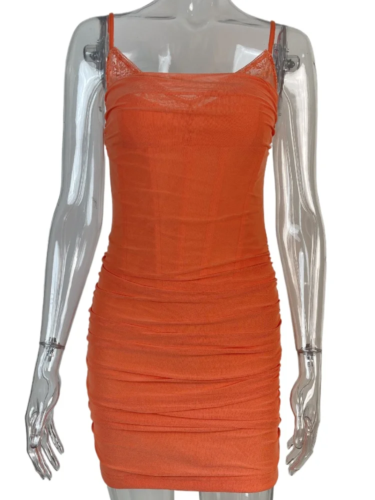 

Sexy Mesh Fishbone Top Spaghetti Straps Solid Color Sleeveless Hip Dress Orange