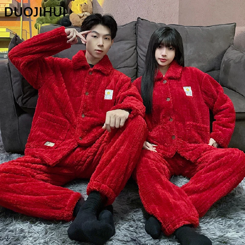 DUOJIHUI Fashion 6-colors Korean Casual Home Pajamas for Women Winter New Pure Color Couple Clothes Soft Warm Female Pajamas Set