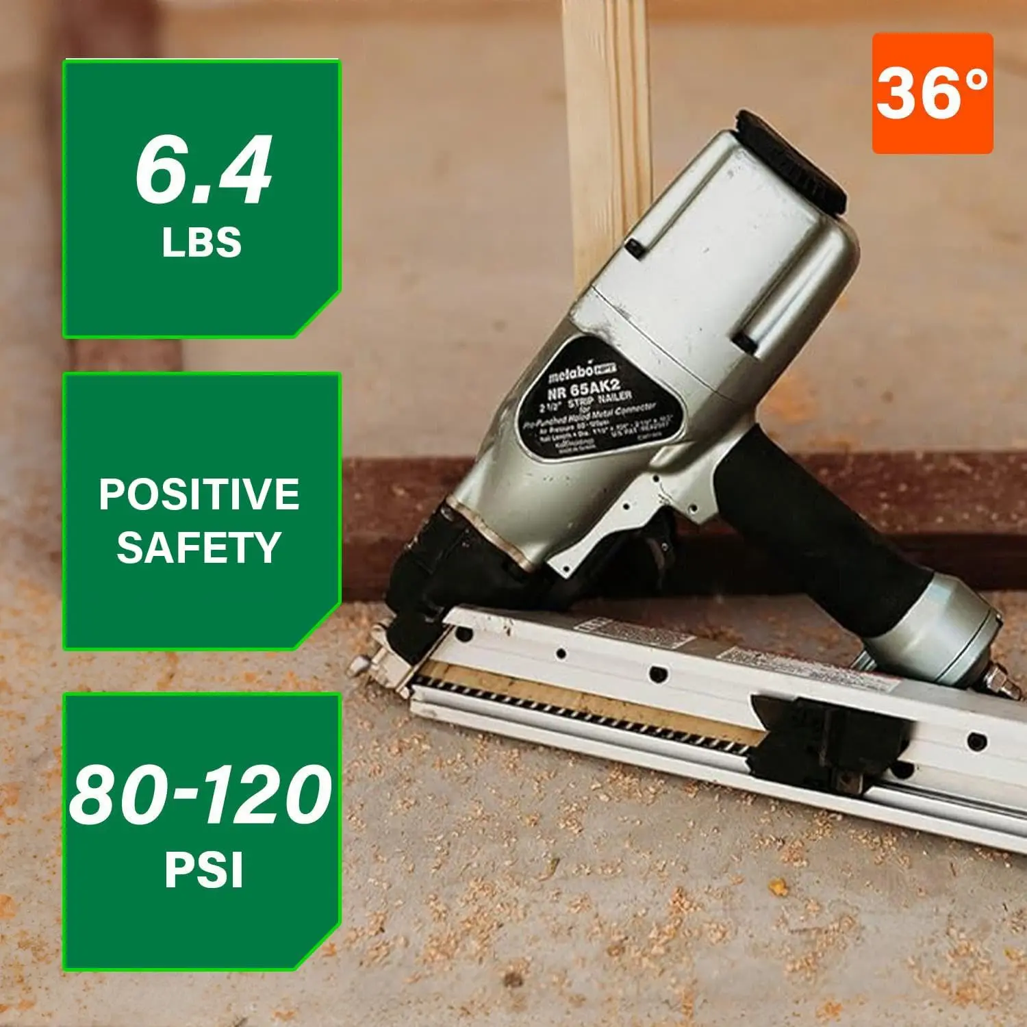 Pneumatic Strip Nailer for Metal Connectors, Pro-Preferred Lightweight 6.4 lbs Fastening Tool, 36° Precision Fastening System for 1-1/2″ to 2-1/2″ Fasteners