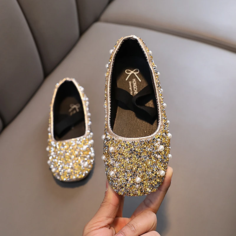 Girl\'s Princess Shoes Glitter Luxury Party Shallow Children Ballet Flats 21-36 Elastic Band Four Colors Beautiful Kids Shoes