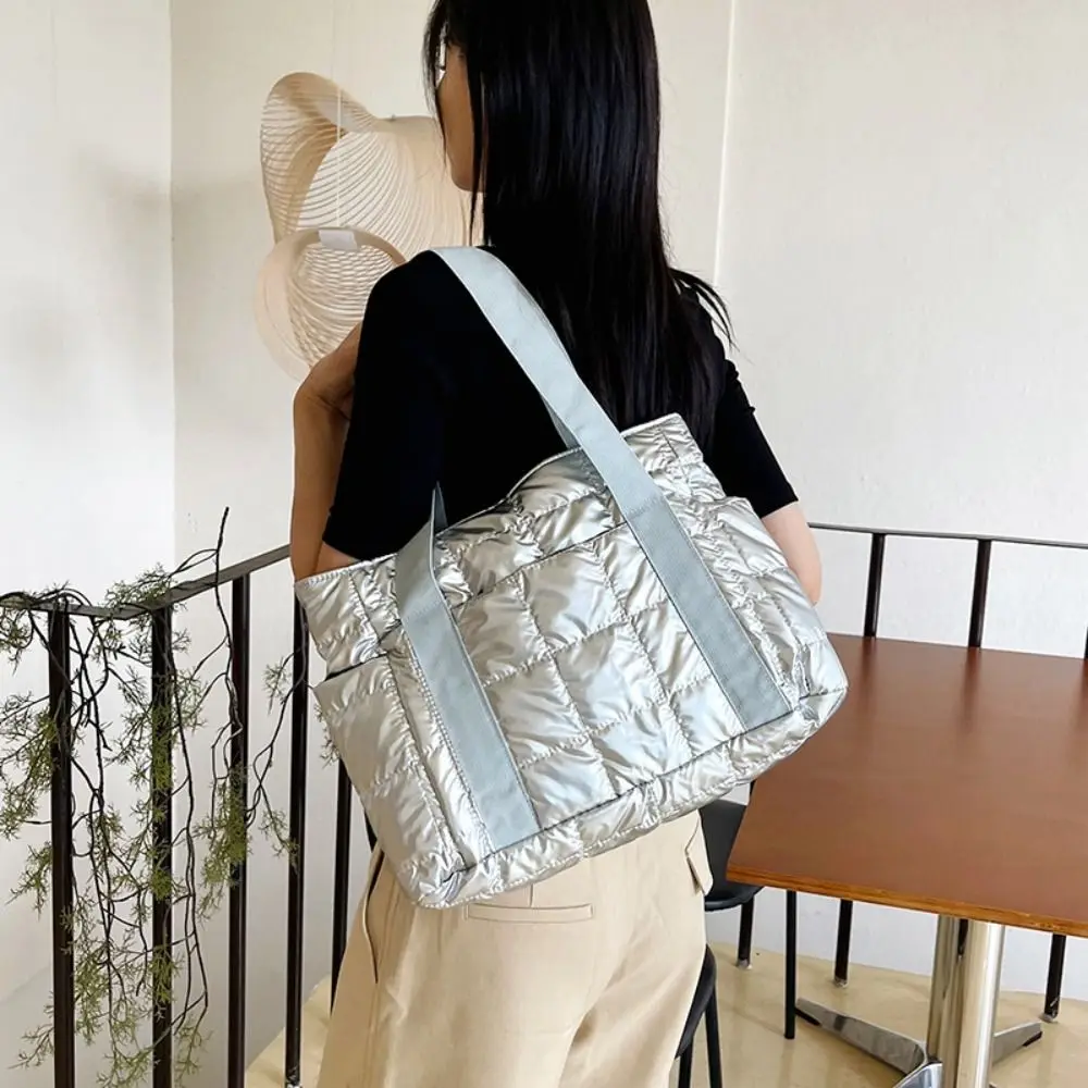 

Korean Style Down Cotton Shoulder Bag Checkered Large Capacity Puffy Bag Lightweight Space Cotton Cotton-padded Tote Bag Girls