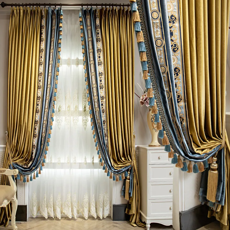 

High-grade European American gold match blue shading velvet bedroom living room villa cloth blackout curtain tulle drape C1238