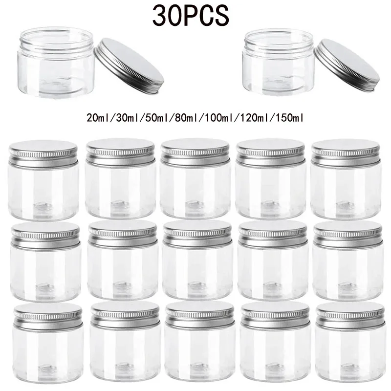 Frascos de plástico transparente de boca ancha con tapa de aluminio para cocina y almacenamiento de maquillaje, botes herméticos, 30 piezas, 20-150ml