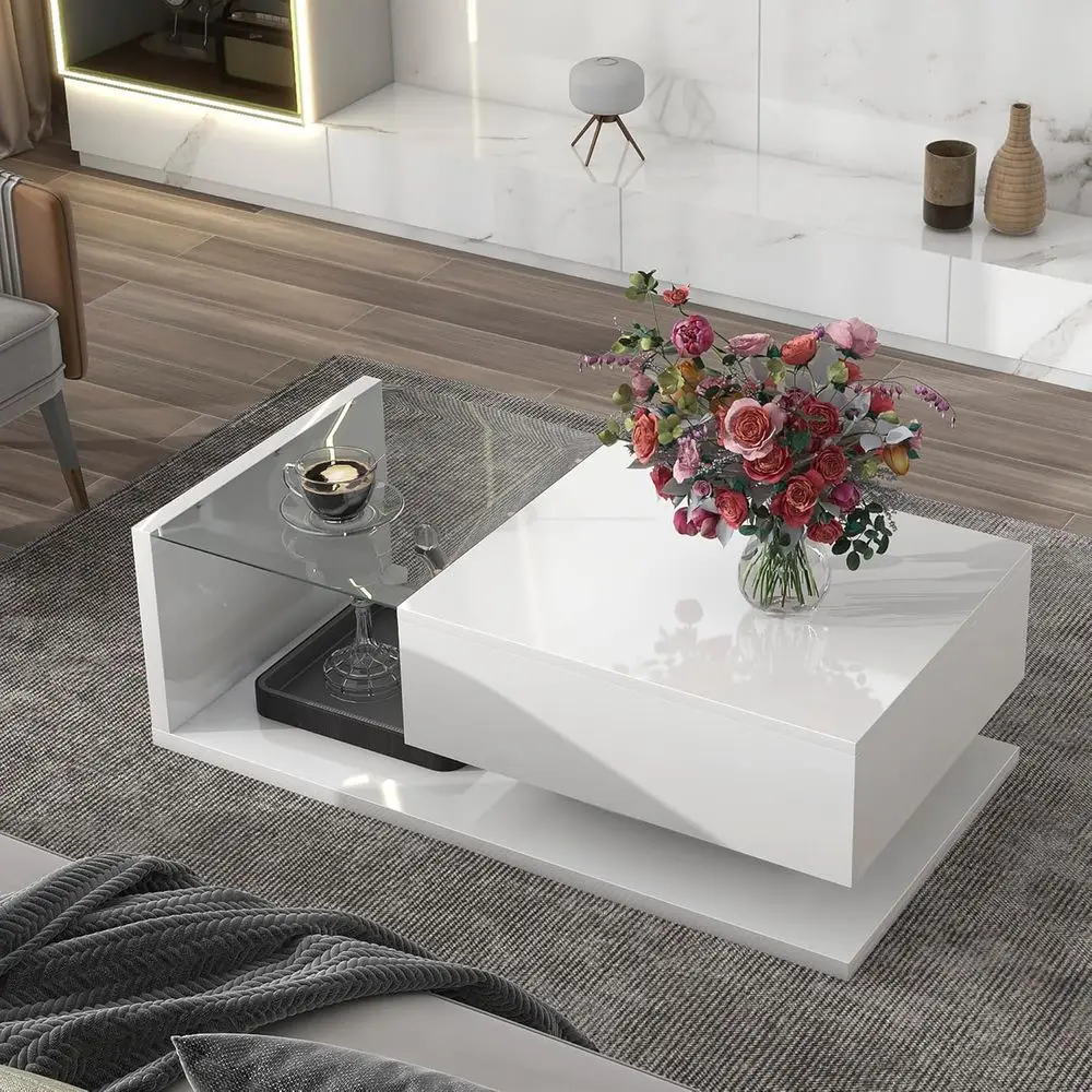 

Wooden Storage Cocktail Table with High Gloss UV Finish, 2-Tier Tempered Glass Coffee Table, White for Living Room