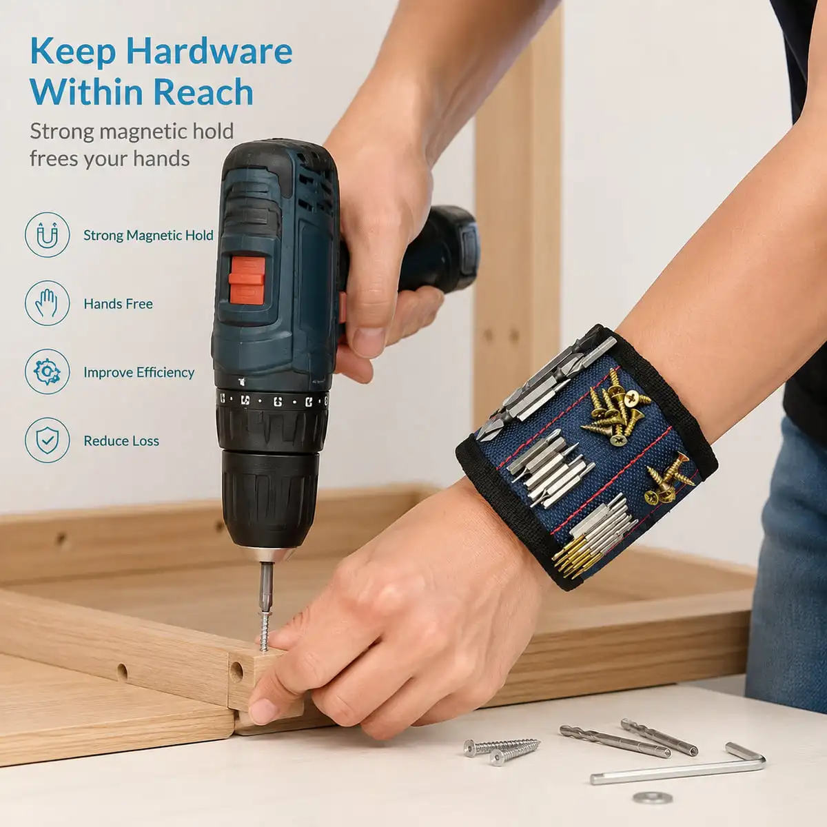 LANKE 1PC Magnetic Tool Wristband for Screws Nails Nuts Drill Bits Adjustable Hands Free Home Repair Organizer Black Red Blue gallery 2