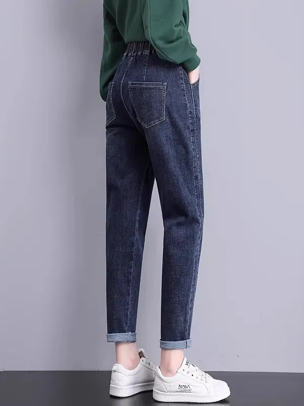 

Женские джинсовые джинсы с эластичной резинкой на талии, весна-осень, новые свободные утягивающие джинсы с высокой талией Fce Harlan, джинсы с манжетами, свободные брюки