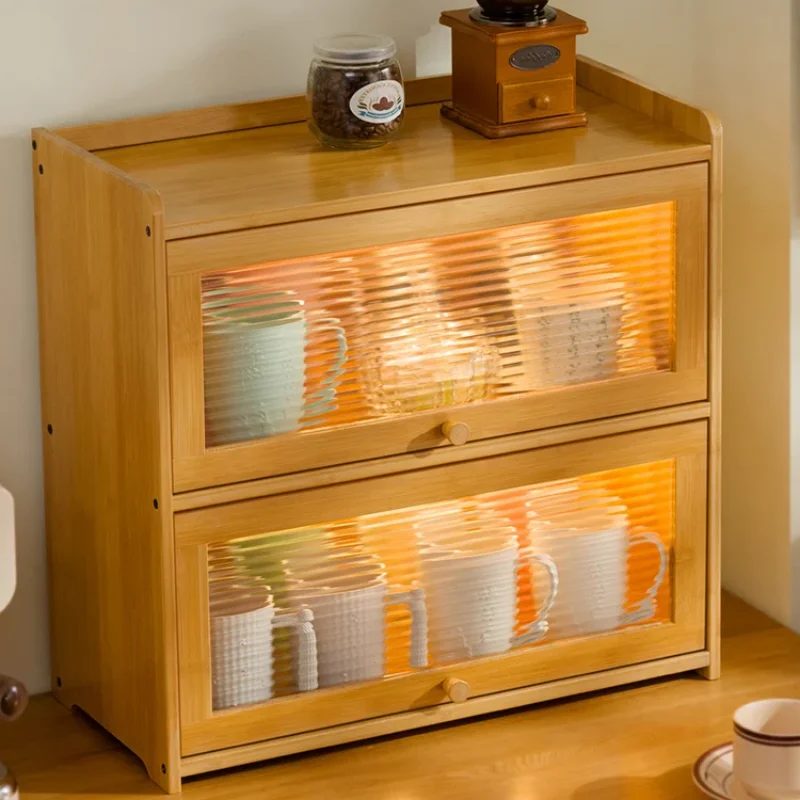 Natural Bamboo Storage Cabinets Dustproof Acrylic Doors Cup Holder Tea Set Display Kitchen Organizer