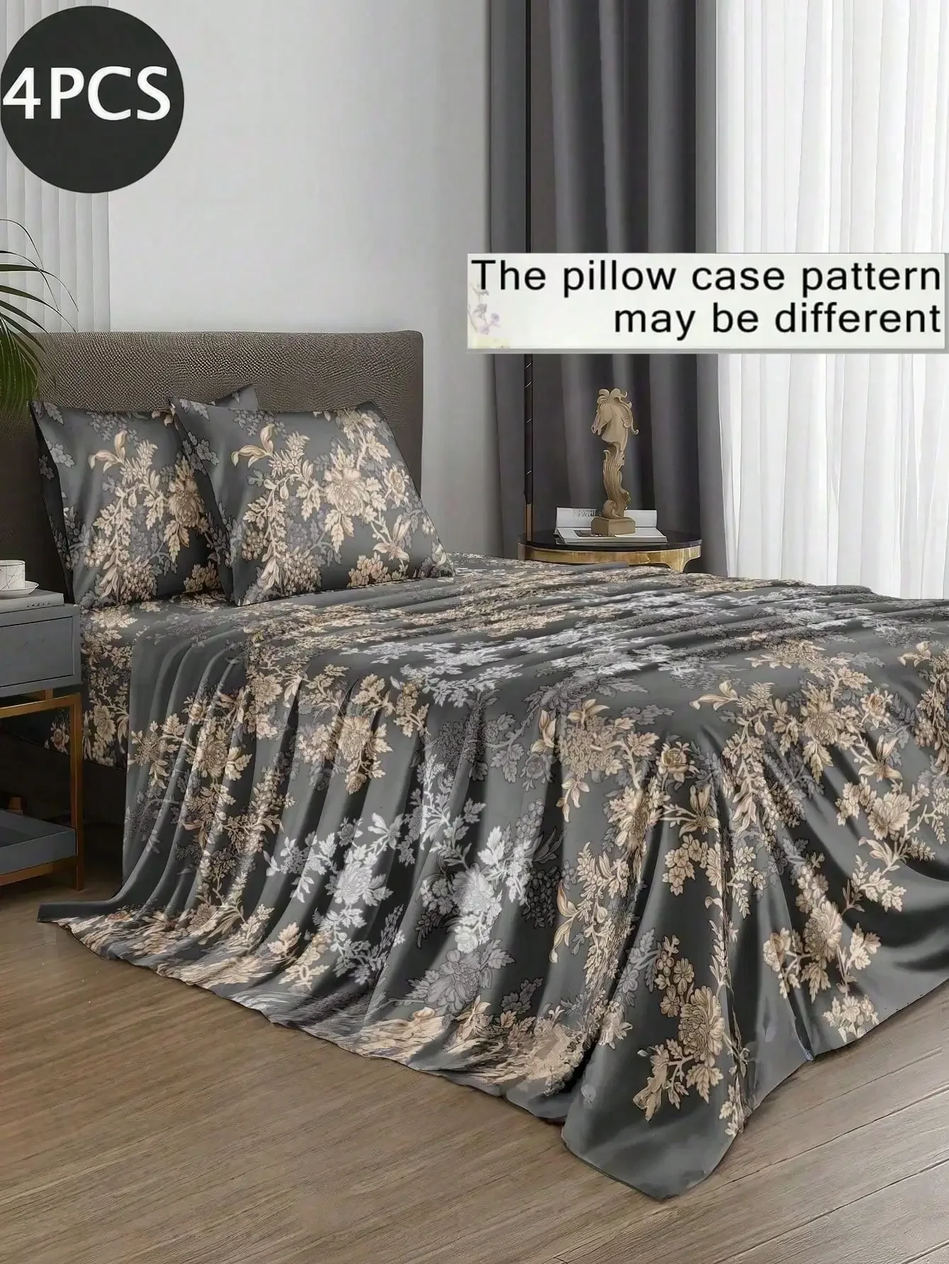 4-Piece Dark Gray Vintage Floral Plant Pattern Bedding Set, 1 Fitted Sheet + 1 Flat Sheet + 2 Pillowcases, Deep Pocket Fits 11.8 Inch Mattress, Soft Breathable Wrinkle Resistant, King/Queen/Full/Twin Sizes, Pillow Inserts Not Included