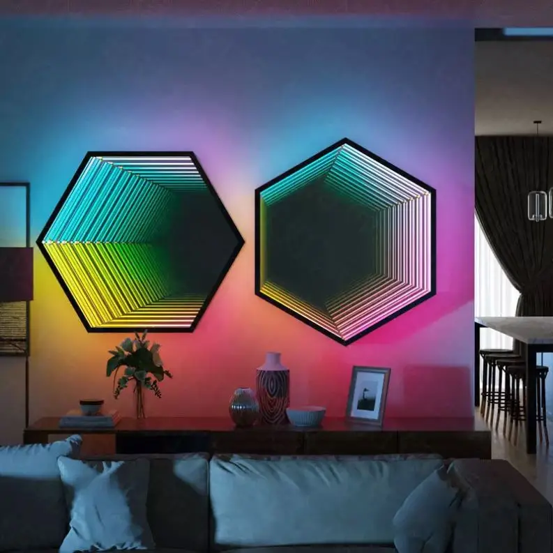 

Modern RGB Color Changing 50CM Hexagon Multilayer Magic Mirror Atmosphere Wall Lamp for Corridor Background Decorations