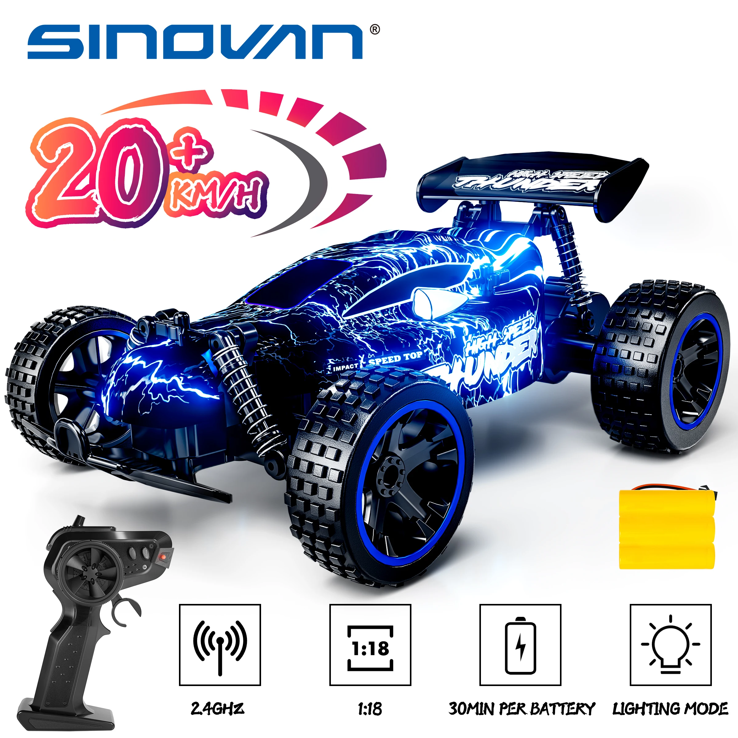 Sinovan 어린이를 위한 리모컨 자동차, 1:18 체중계 RC 레이싱 카, LED 조명 포함, 2.4GHz RC 자동차, 야외 장난감, 소년 소녀 선물 