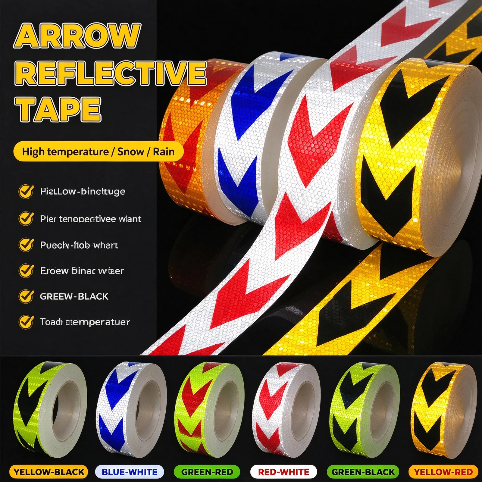 5cm Arrow 1.9/3.9/5.9M Reflective Safety Warning Tape Road Traffic Construction Site Reflective Guide Sign