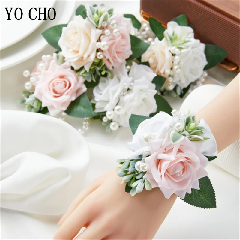 YO CHO-White Silk Rose Boutonniere para homens, broche Buttonhole, dama de honra pulseira Corsage, noivo cerimônia flor, flor do casamento