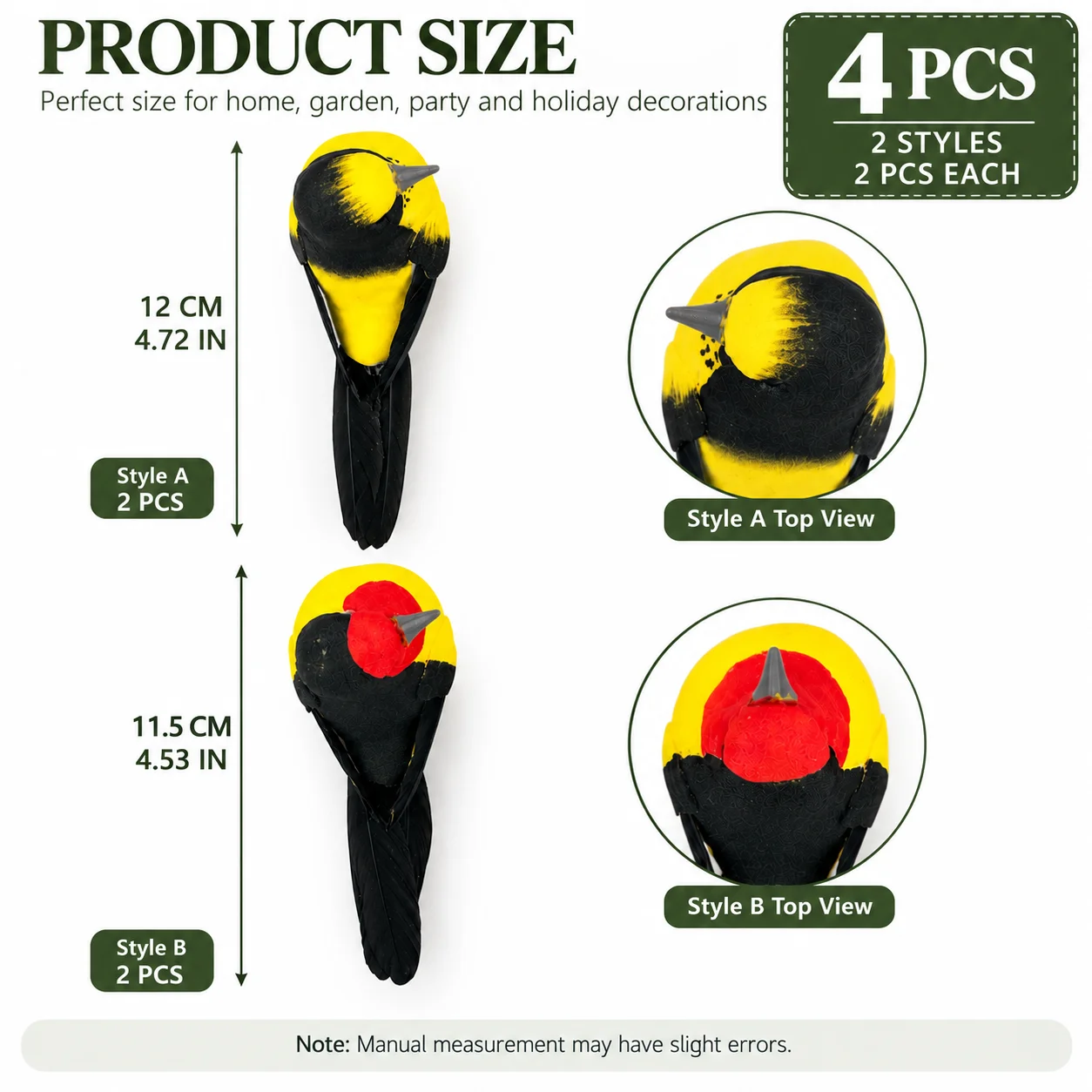 6PCS Artificial Bird Ornaments Decorative Bird Figurines for Home Garden Tree Holiday Display Yellow