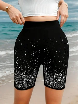 Women's Starry Shiny Rhinestone Shorts Knitted High Elastic Breathable Summer Casual Pants Fashion Daily Wear
