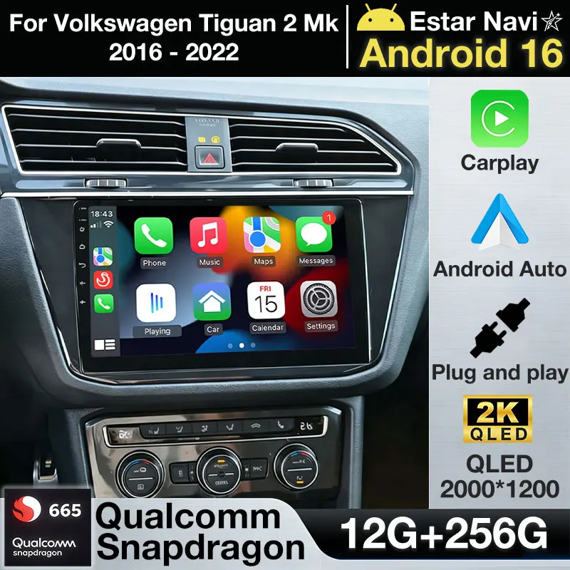 Radio para Auto Android 16 para Volkswagen Tiguan 2 Mk 2016-2022, Carplay Inalámbrico, Auto BT, GPS, Reproductor Multimedia, Unidad Principal Navi, Estéreo