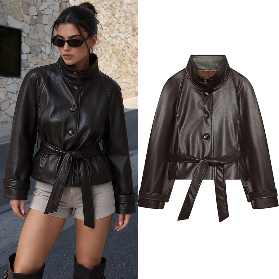 Women Vintage Faux Leather Trench Jacket Women 2026 Fall Winter Padded Shoulder Stand Collar Belted Coat Female Chic Streetwear