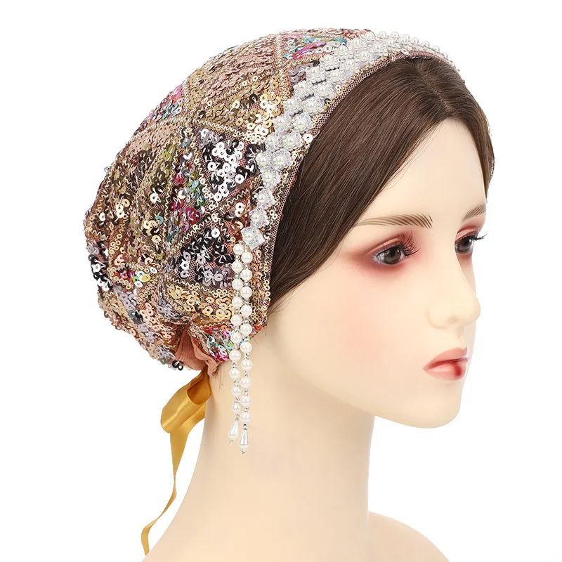 Women's Tassel Hat Ethnic Dress Sequin Pearl Hair Band Hat Bow Tie Headscarf Headband Hat