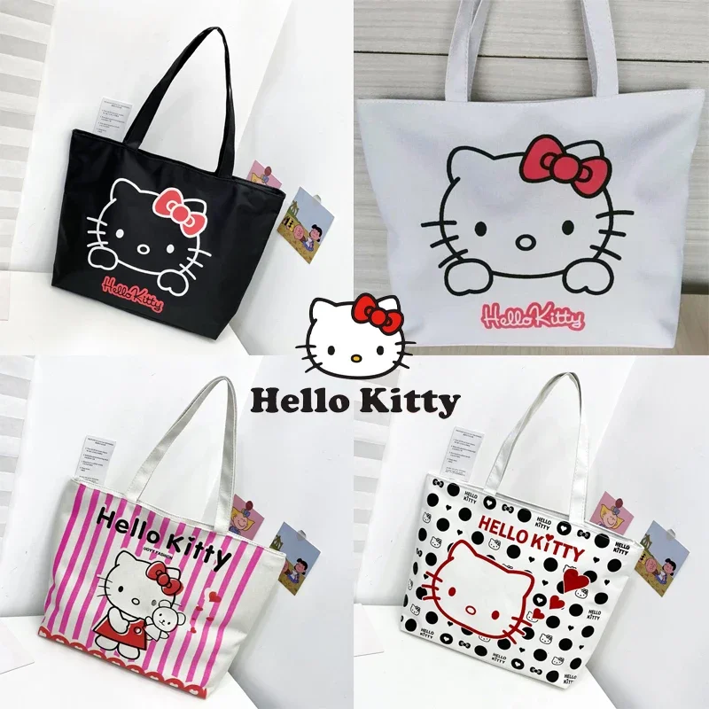 Sanrio Hello Kitty Tote Bag borse a tracolla per cartoni animati borse di tela di grande capacità borsa da spiaggia per ragazza con cerniera per