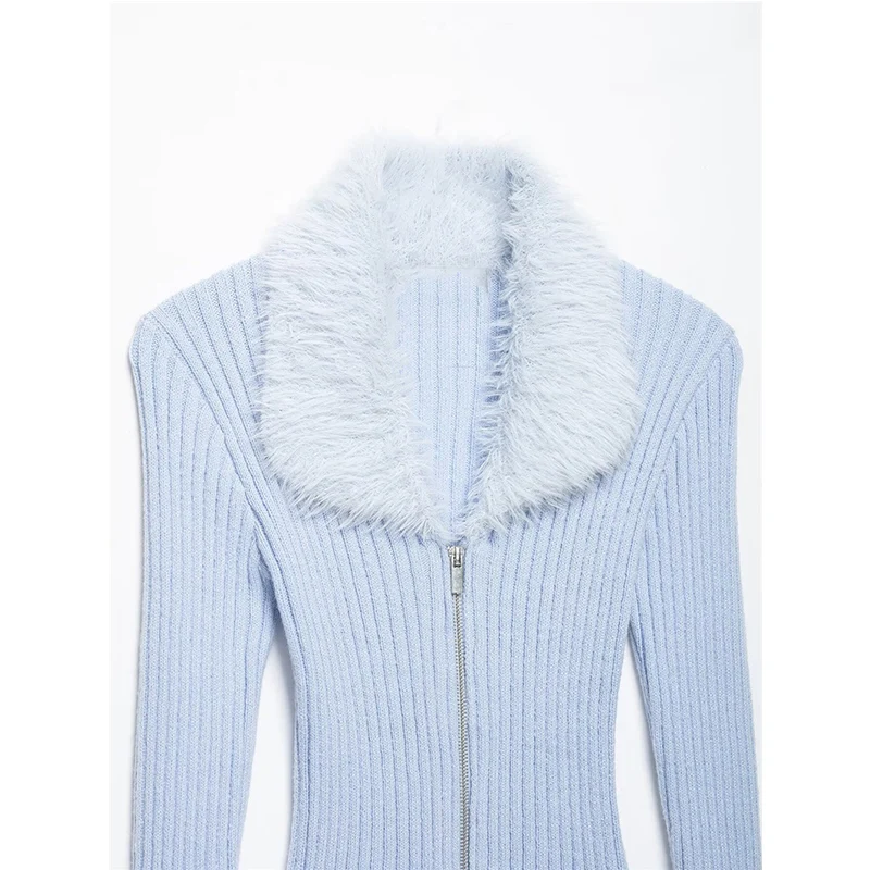 Guobioziy Women Light Blue Cardigan Faux Fur Trim Collar Zip Front Button Down Cozy Warm Thick Knitwear Winter Fashion New