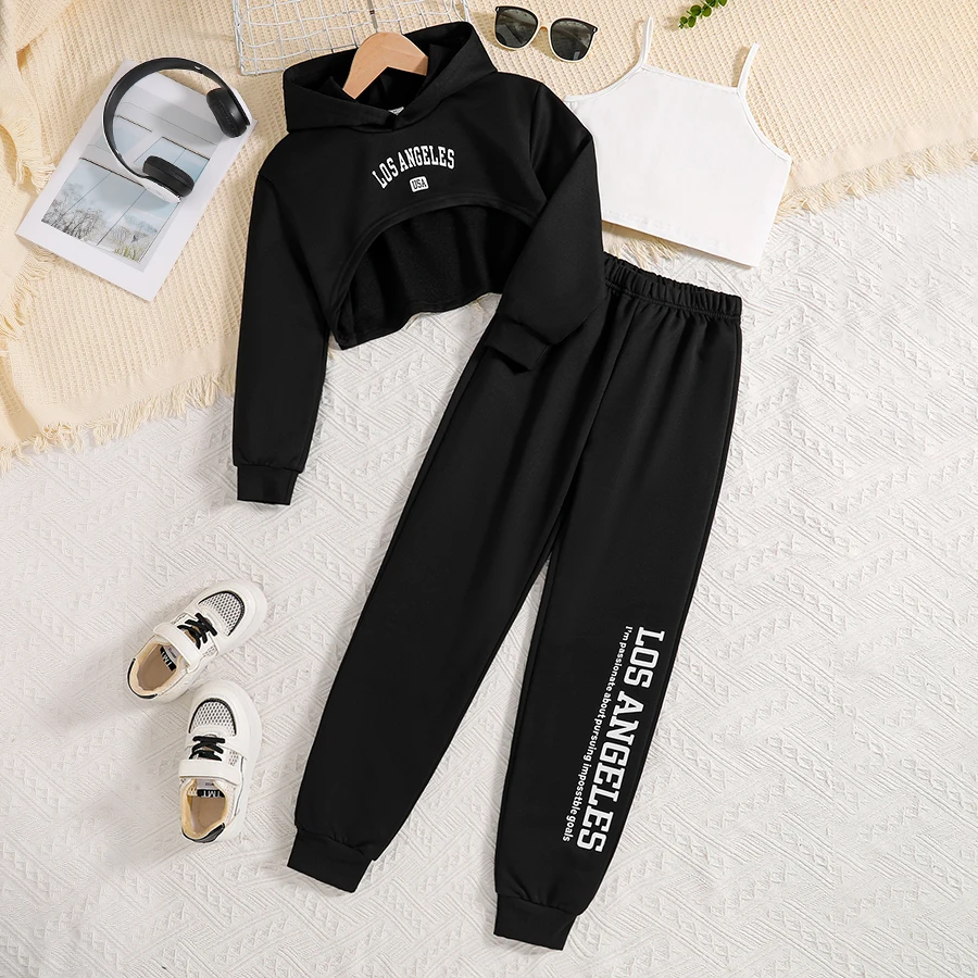 Spring and autumn new children\'s fashion girls set 3 sets of black letter-printed short hoodie + black pants + suspenders