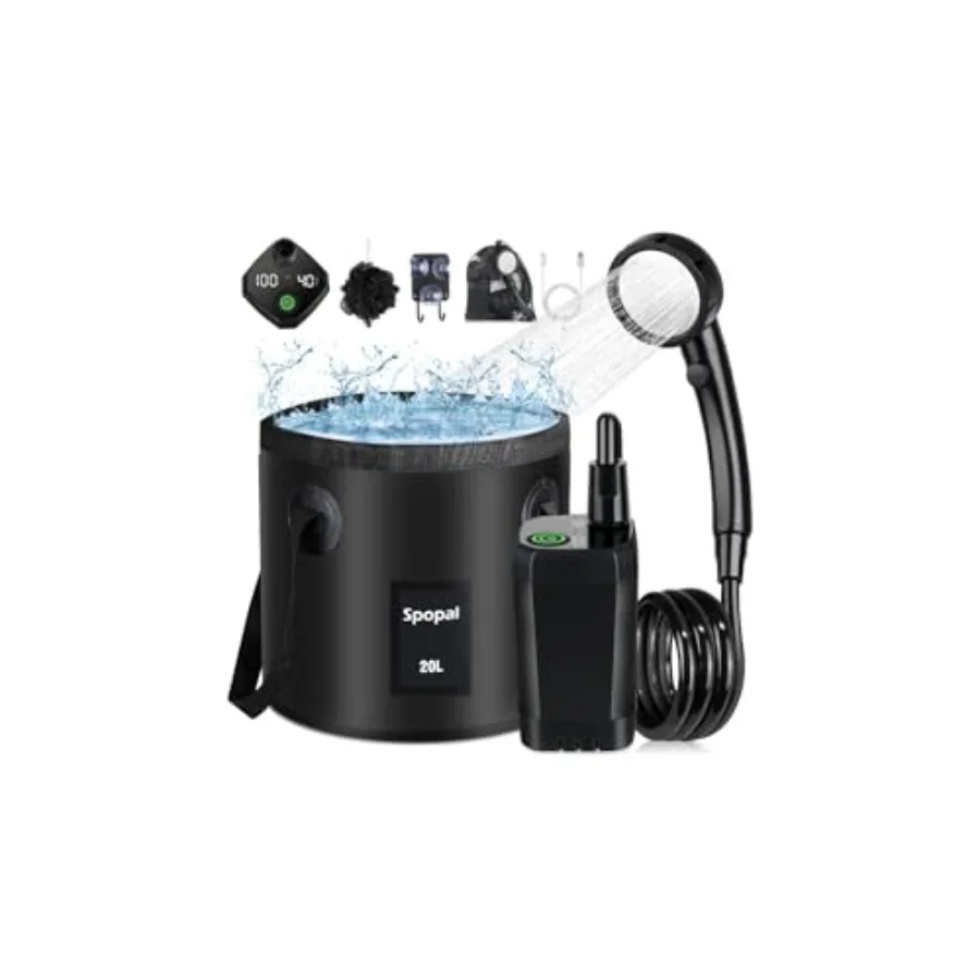 

Portable Shower for Camping Rechargeable Camping Shower with Collapsible Bucket with Handle 20L Intelligent LED Display 4 Spray