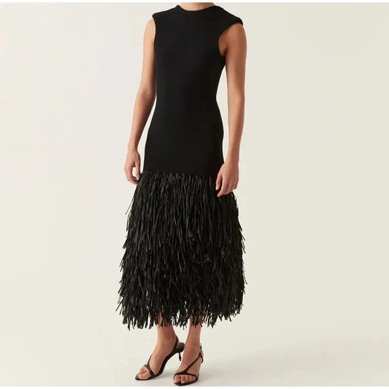 Women Fashion O-neck Sleeveless Slim Long Dress Sexy Backless Hollow Out Party Dress Elegant Tassel Patchwork Knitted Vest Dress