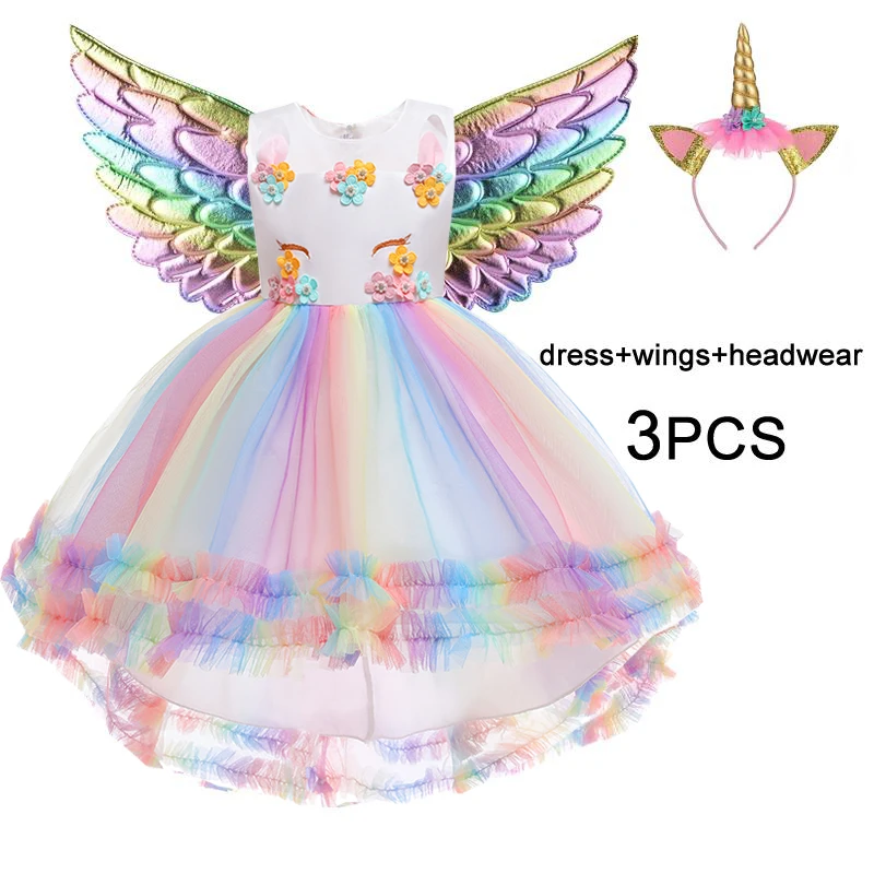 Rainbow Unicorn Princess Girls Dress Trailing Pastel Pink Flower Birthday Party Dresses for Girl Tulle Halloween Cosplay Costume