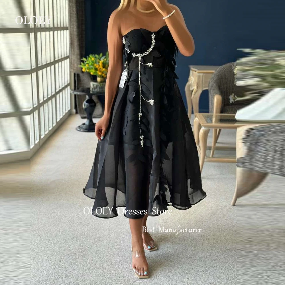 

OLOEY Black Evening Dresses Arabic Women Sweetheart Organza Tea Length Prom Gowns Formal Party Dress Robe de soiree