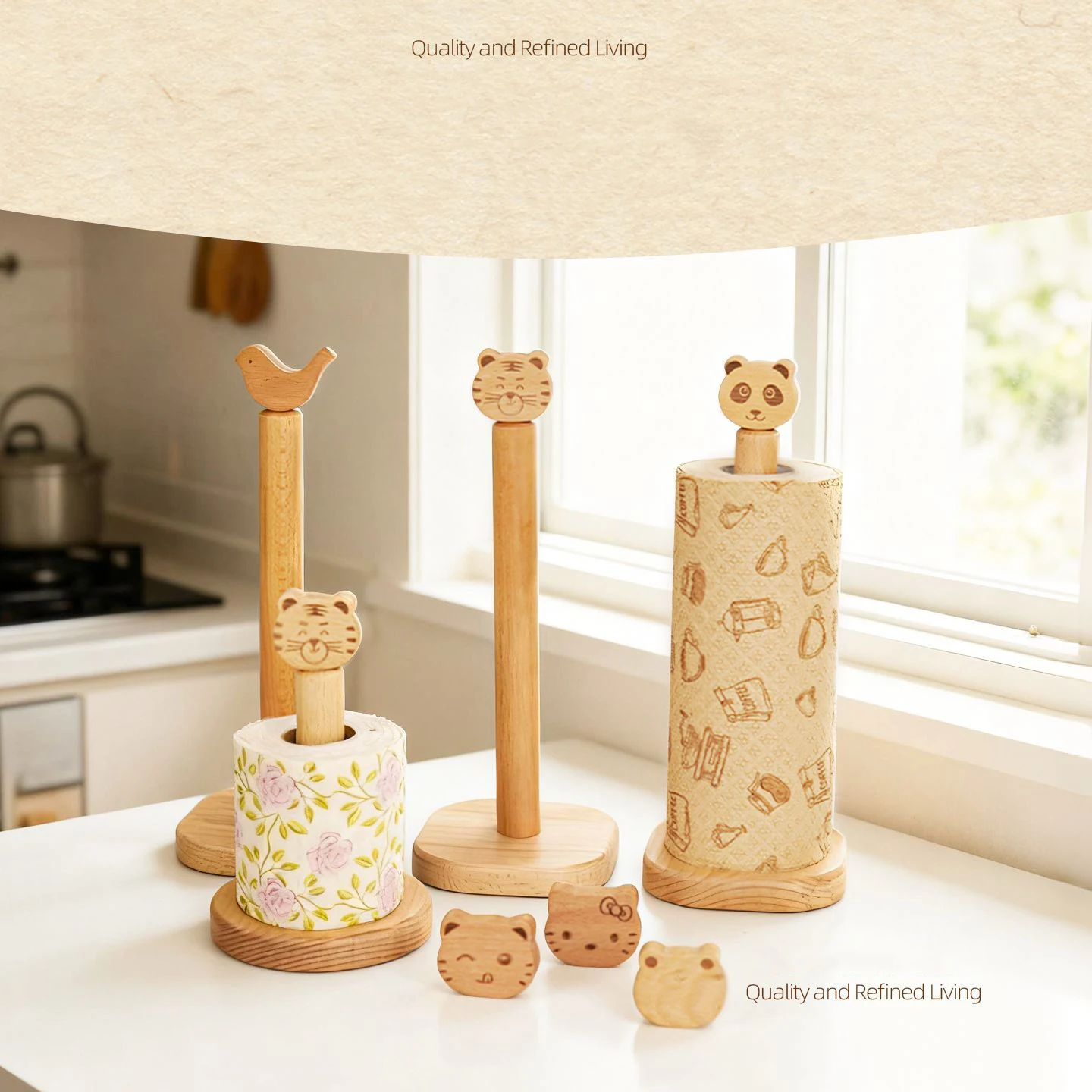 Natural Beech Wood Paper Towel Holder, Freestanding Kitchen Paper Roll Dispenser with Removable Animal Knob, Easy to Replace