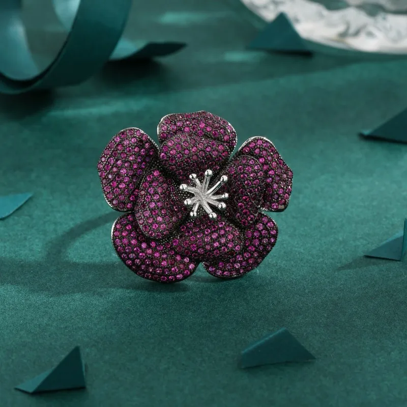 Freeshipping Luxury 925 Silver Pink Sapphire Flower Ring Black Gold Full Diamond Zircons Chunky Floral Band Chic Art Jewelry